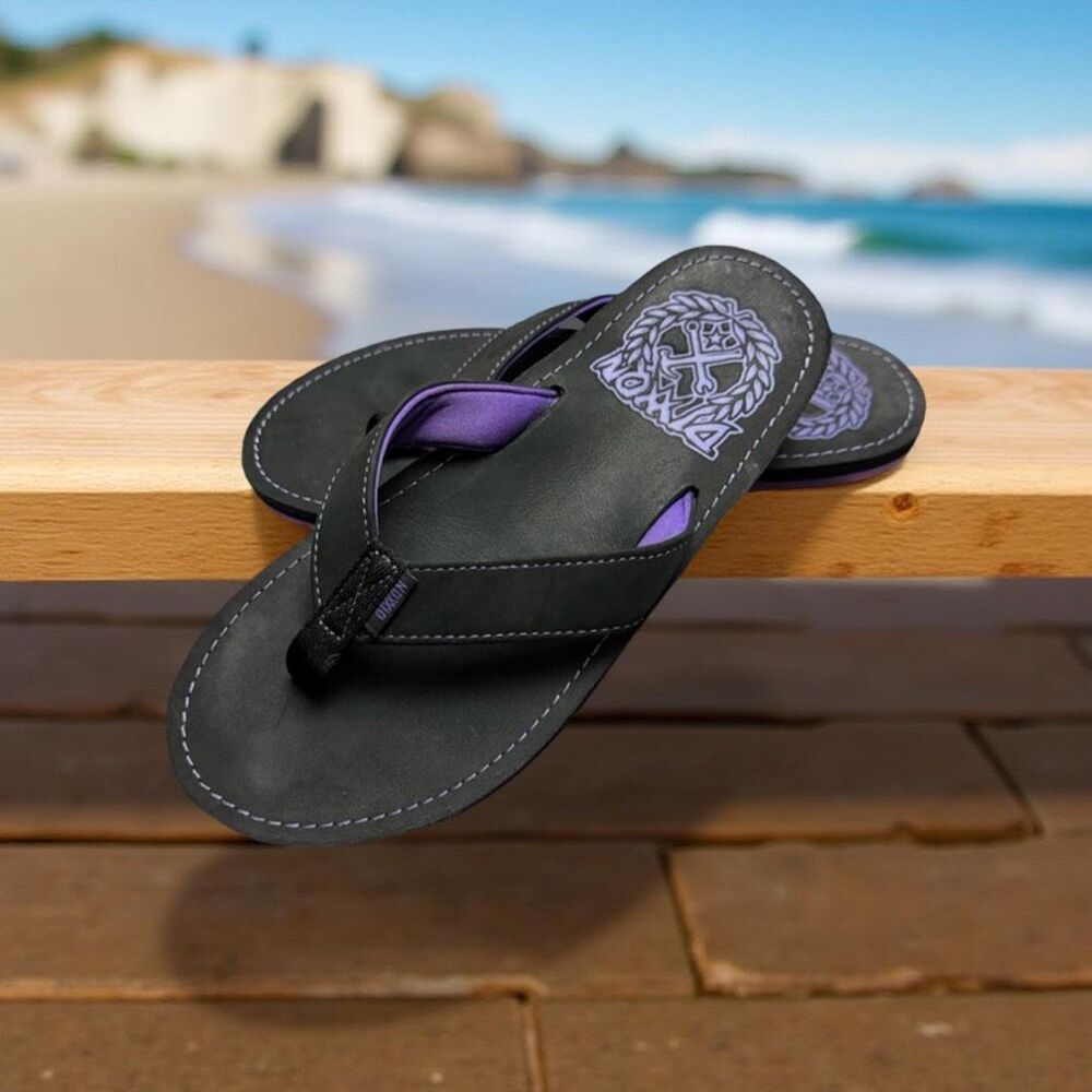 Unisex Dixxon Black & Purple Leather Flip Flop Sandals Size M 9 W 10.5